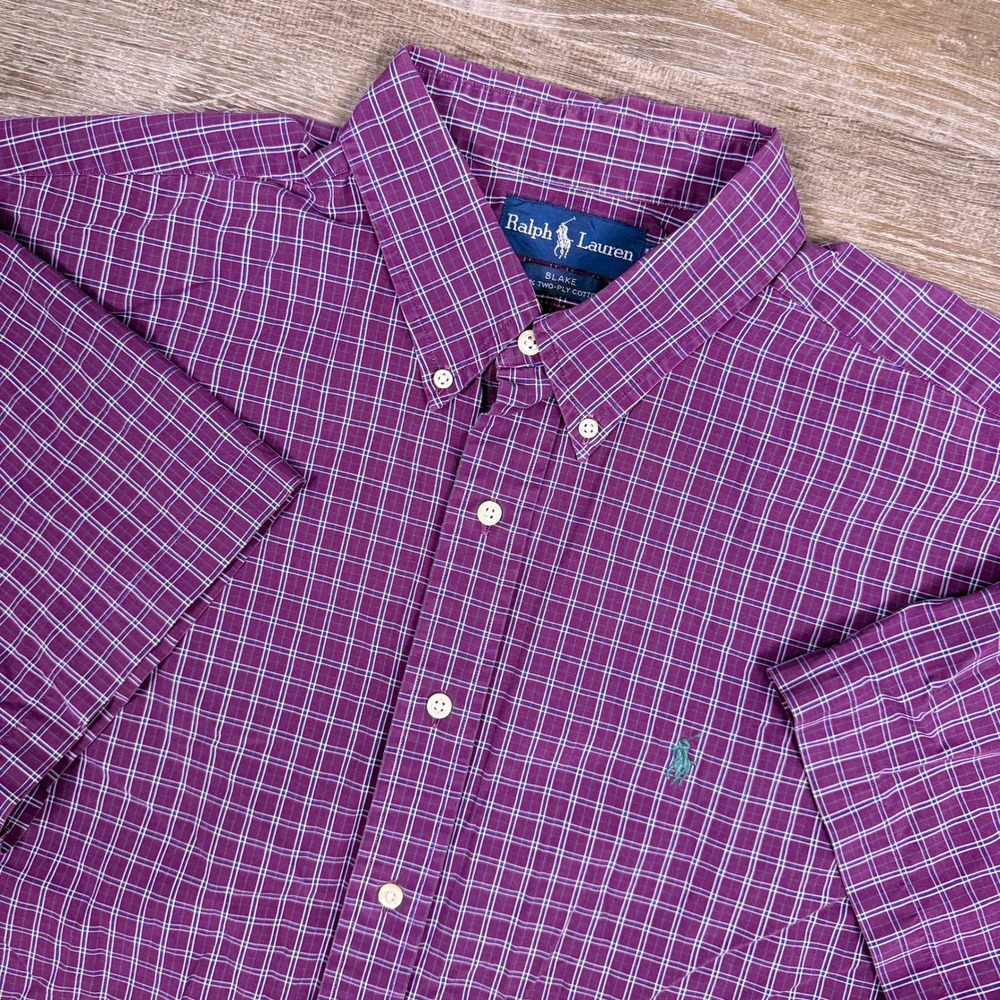 Ralph Lauren Blake Button Down Shirt Mens XXL Purple Plaid Short Sleeve Cotton‎